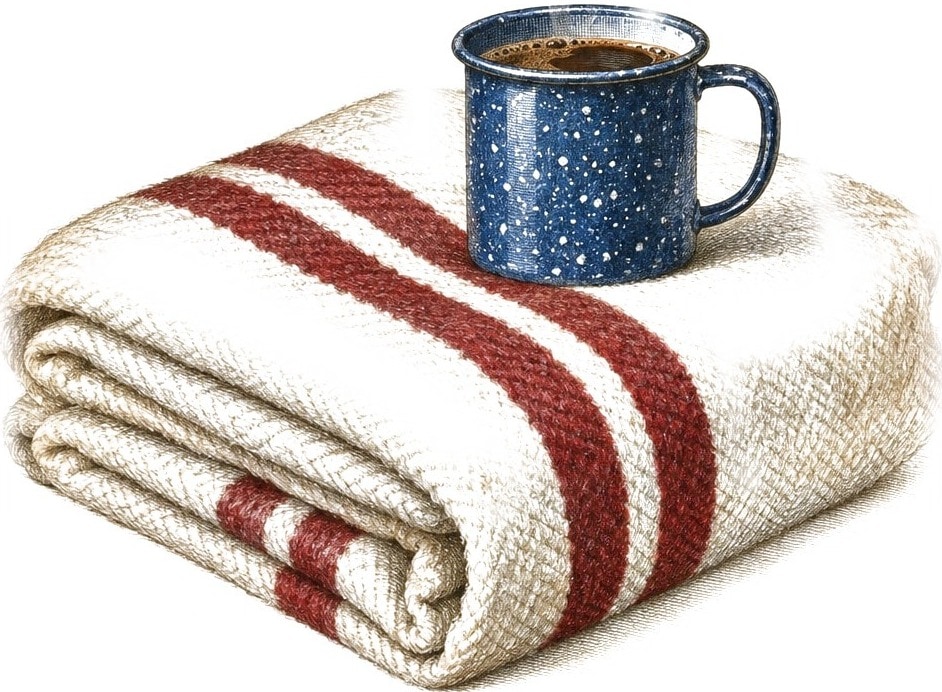 A folded wool camp blanket with an enamel mug of coffee on it