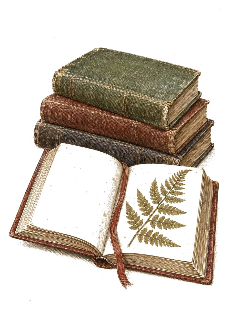 A stack of worn clothbound books with a pressed fern