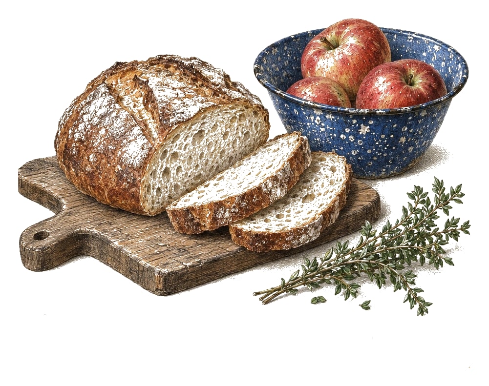 A cut country loaf, a bowl of apples and a sprig of herbs