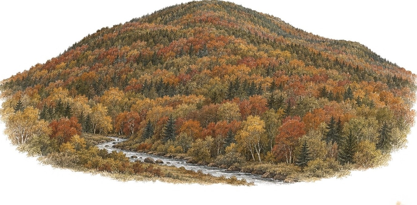 A low, rounded, forested Catskill mountain in autumn