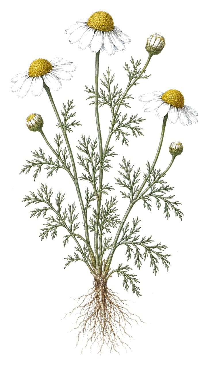 German chamomile, drawn as a herbal study
