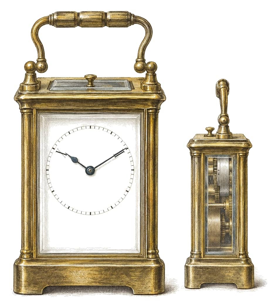 A brass carriage clock, front on and from the side