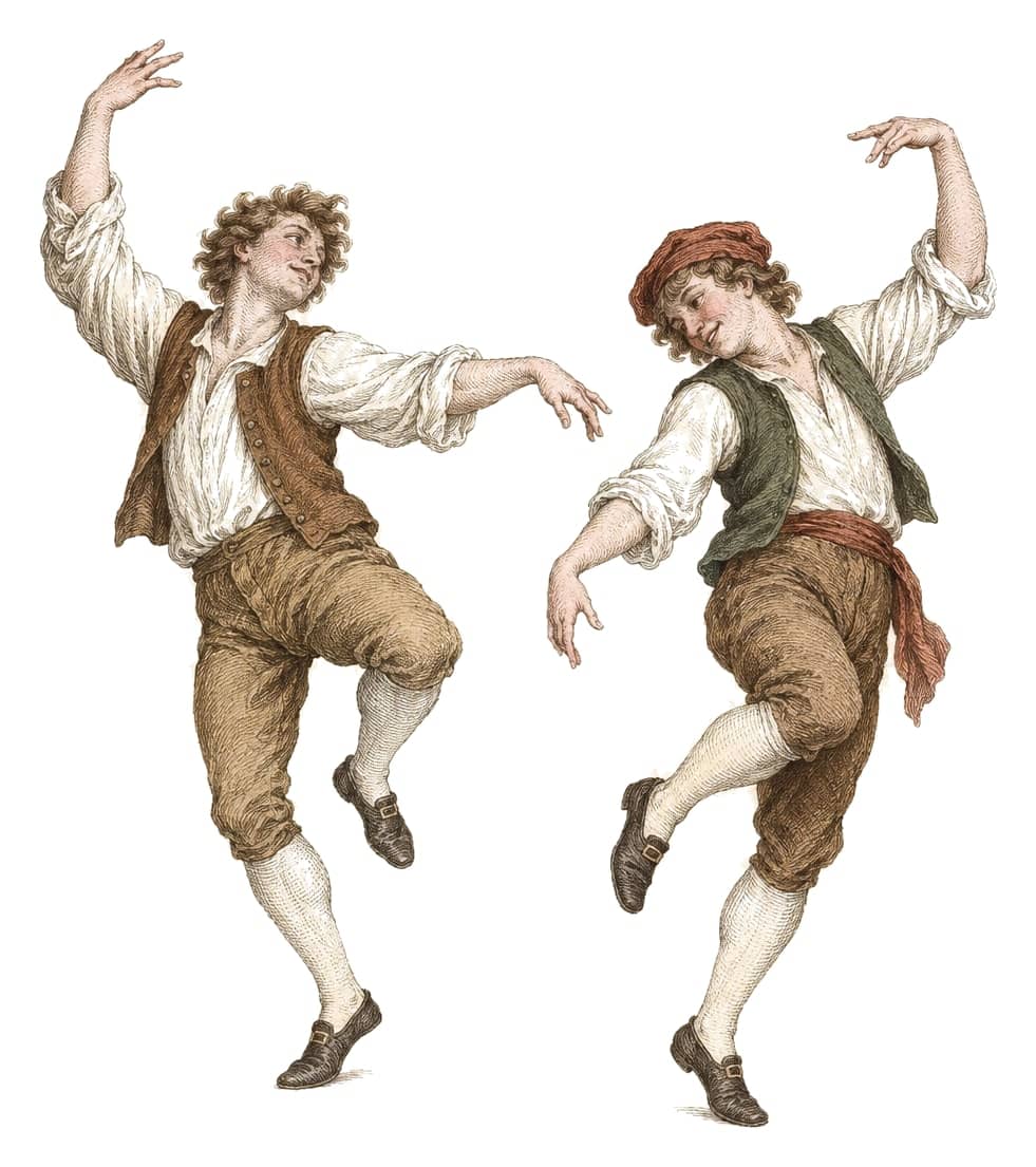 Two figures dancing, drawn as engraved studies of motion