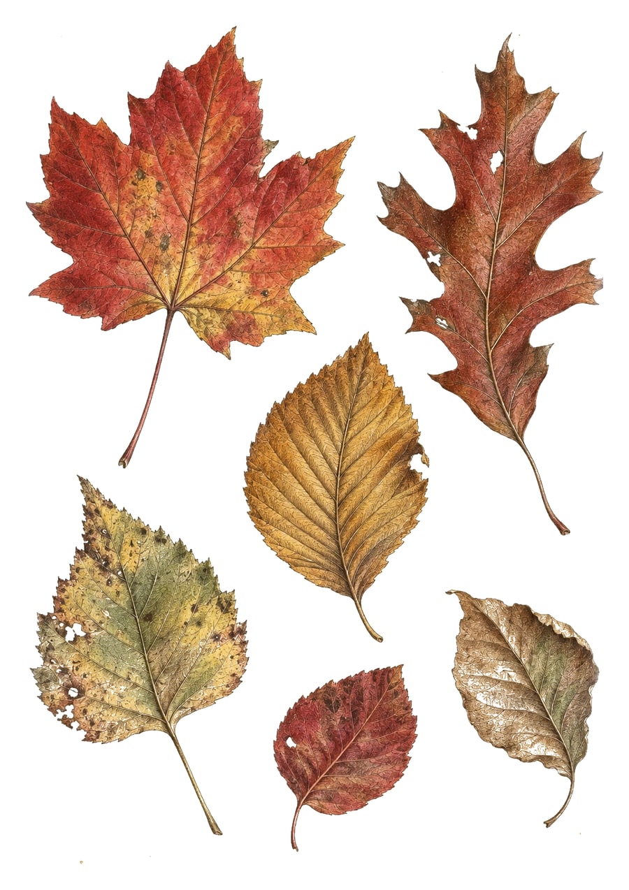Seven fallen autumn leaves laid out as pressed specimens