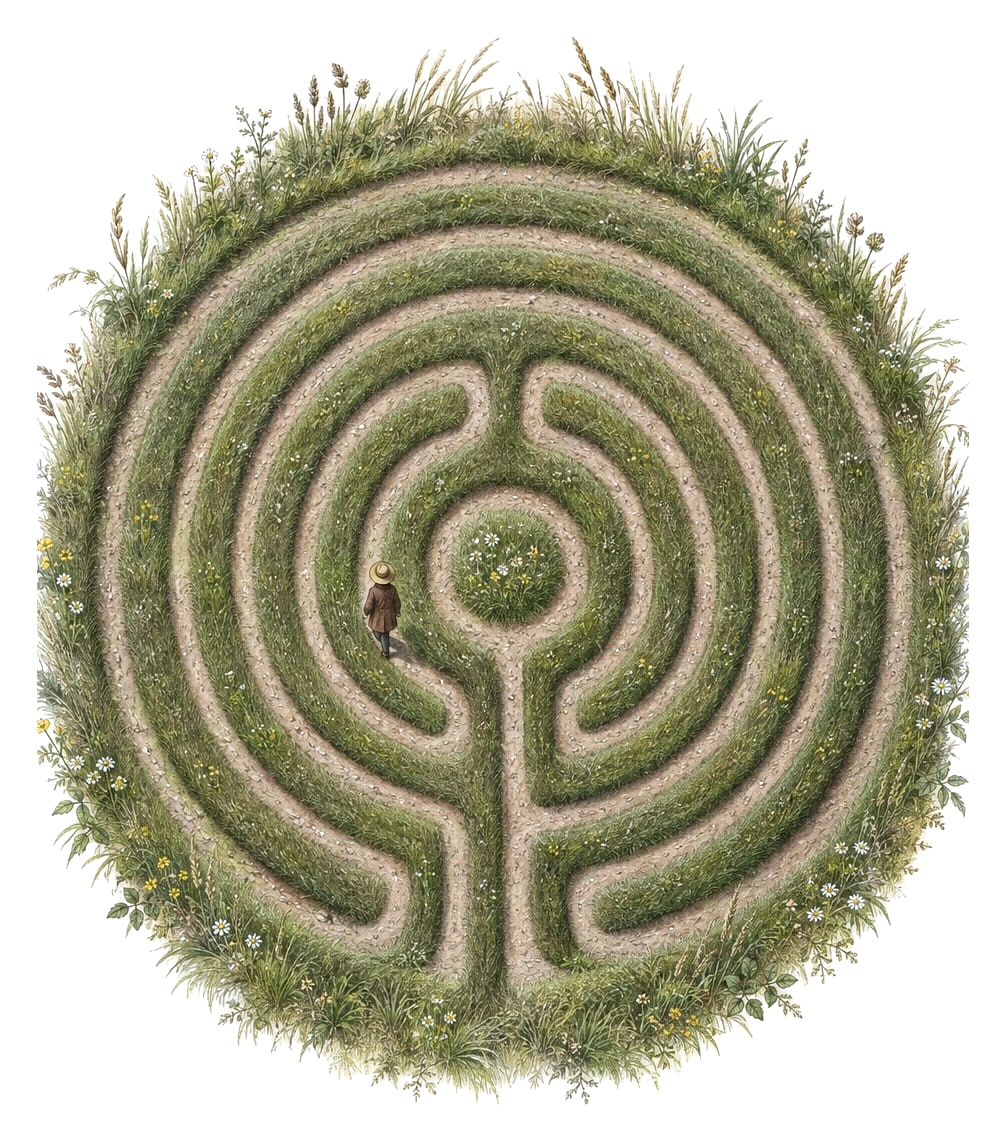 A turf labyrinth cut into a meadow, with one figure walking it