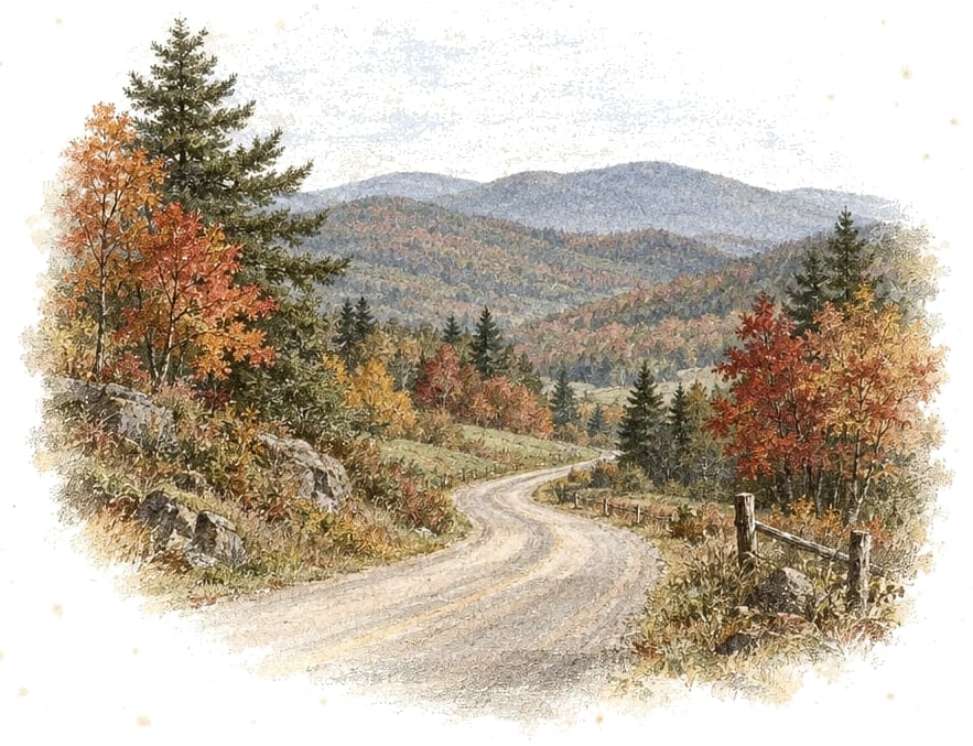 An empty two-lane country road winding through autumn hills