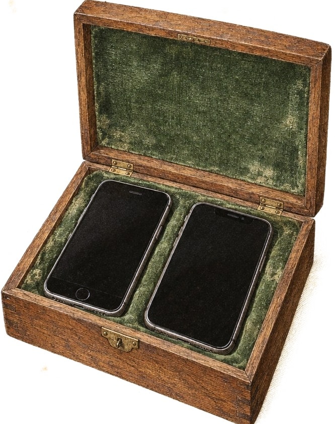 Two phones in a felt-lined keepsake box