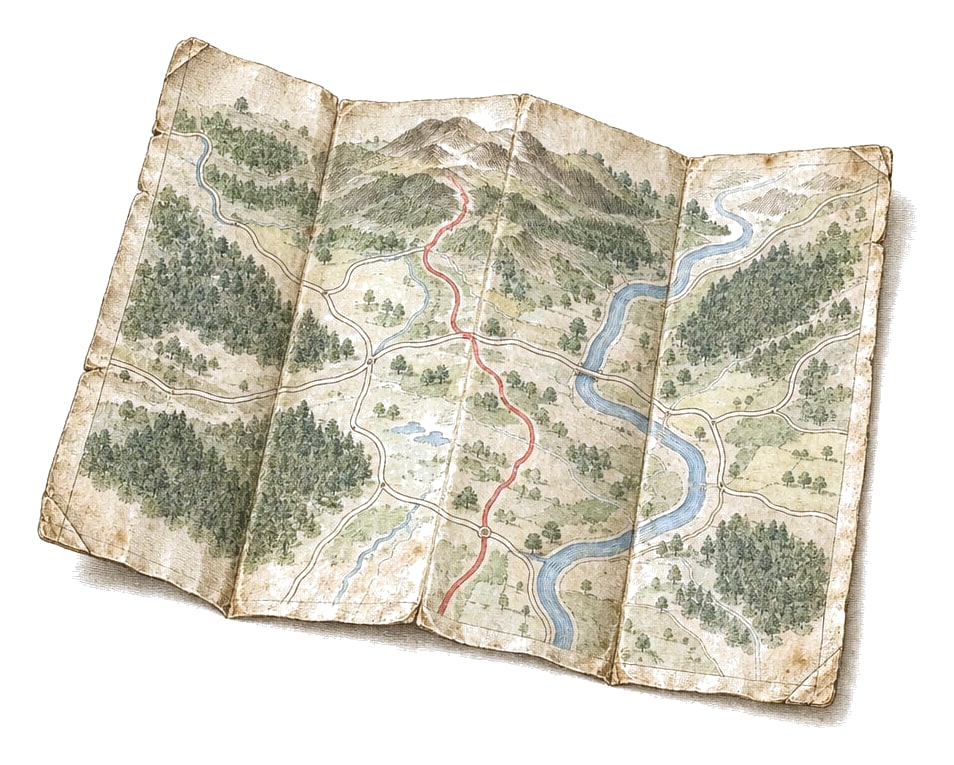 A folded paper road map with a route traced in red pencil