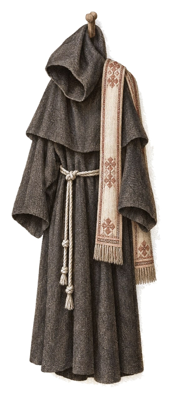 A hooded wool robe on a peg with a woven stole
