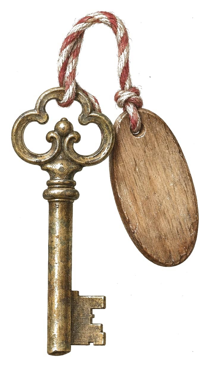 An old brass key on a blank wooden tag