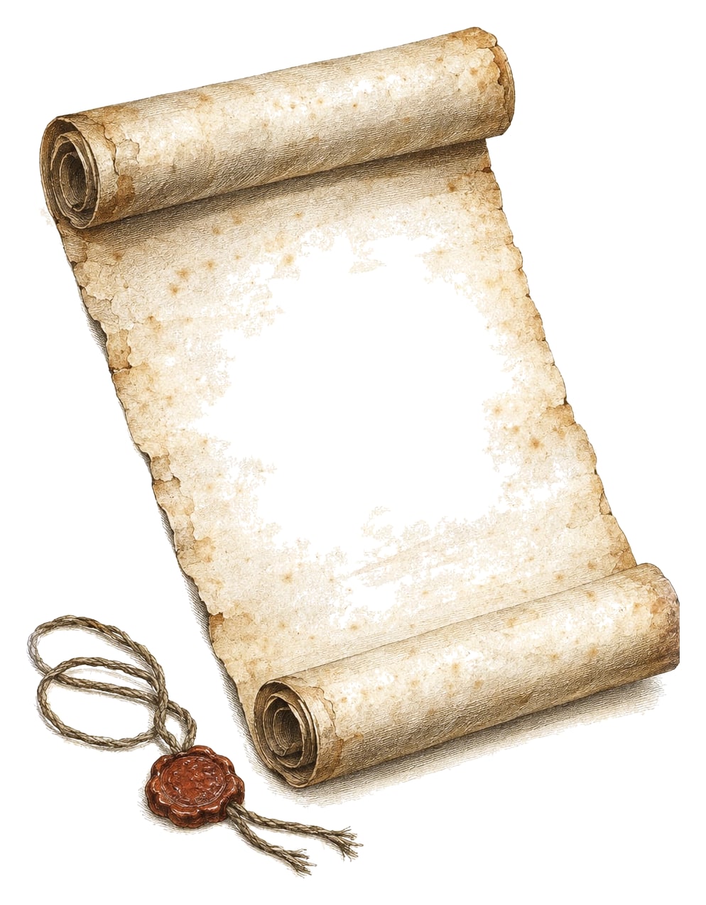 A partly unrolled blank scroll with a cord and a wax seal