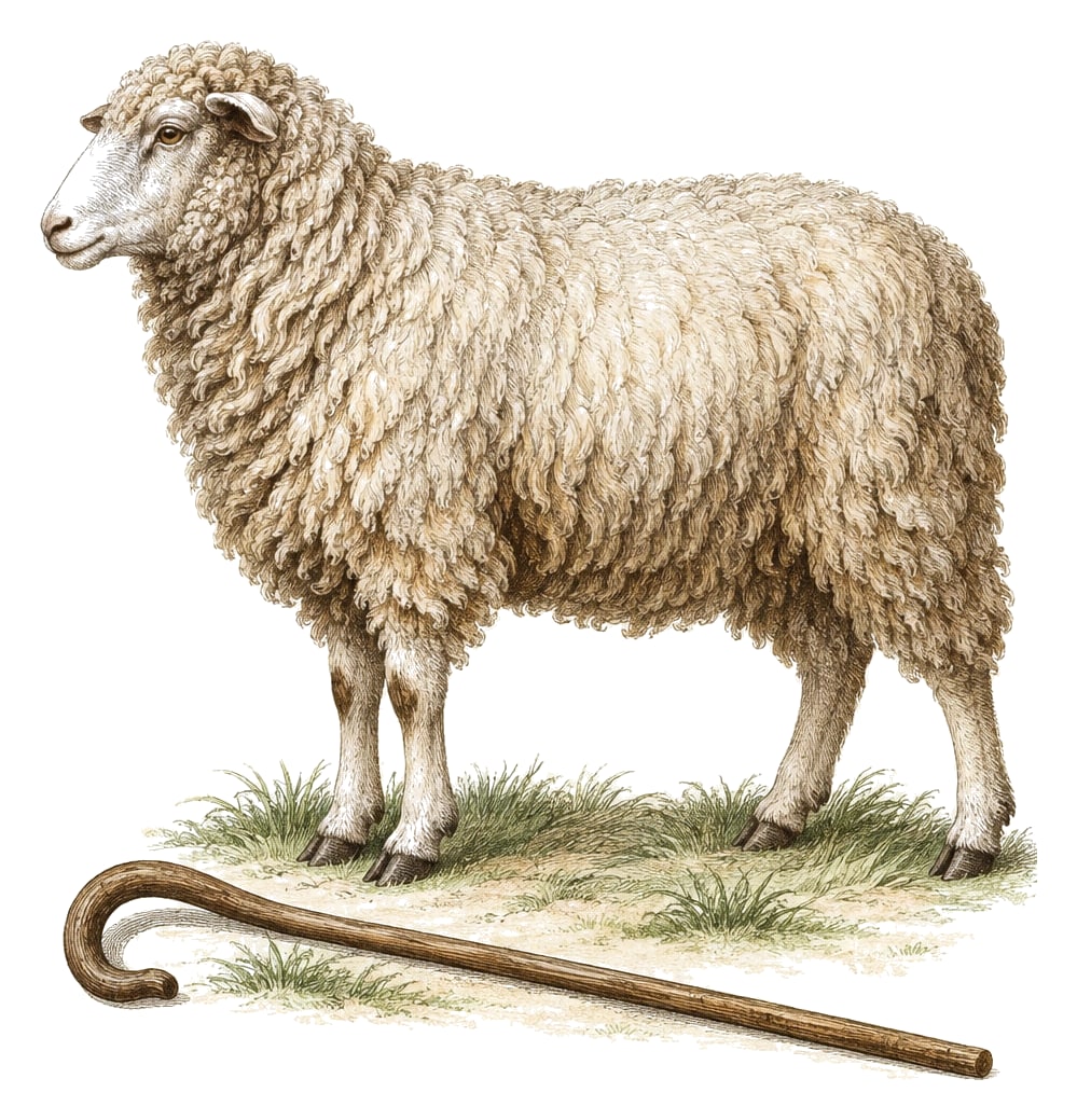 A sheep and a shepherd’s crook