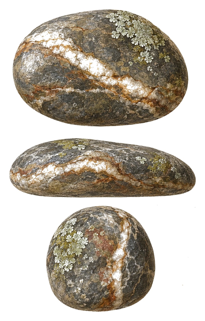 One river stone shown from three sides, drawn as a mineral specimen