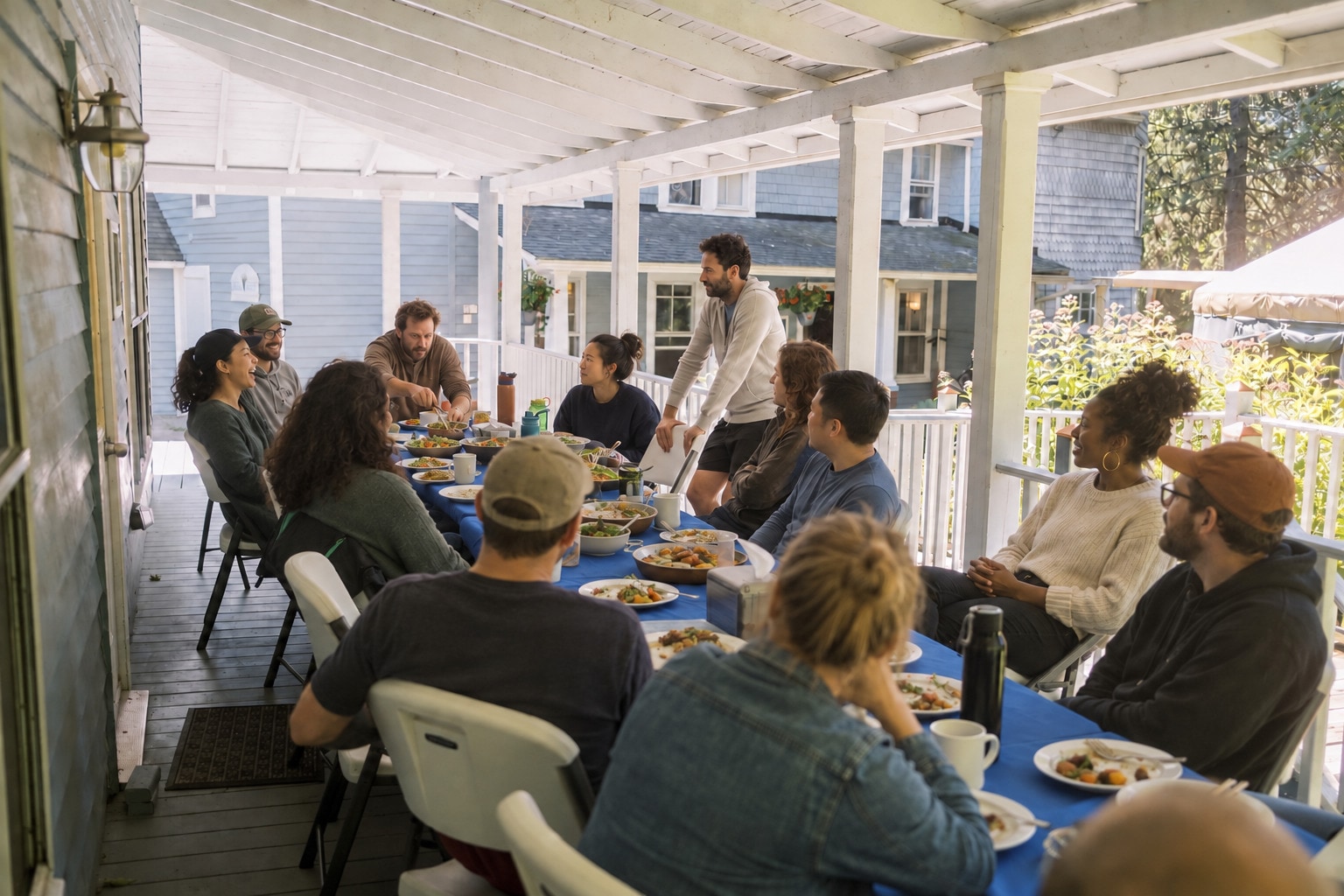 A group sharing lunch and conversation around a blue table on a porch; edited image study
